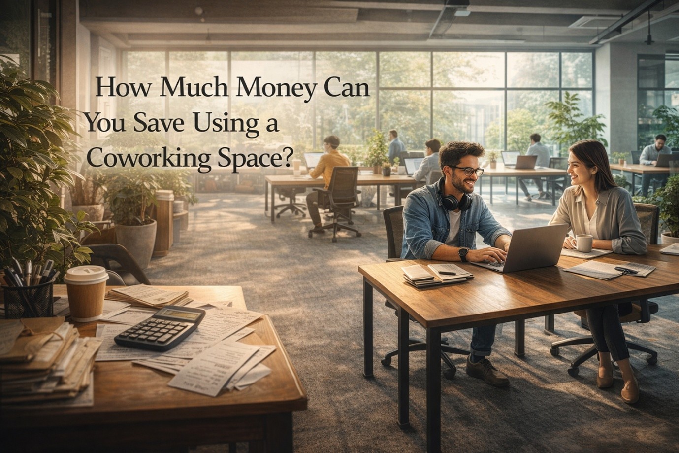 Two professionals working on a laptop in a bright, modern coworking space with open desks and large windows, with the text "How Much Money Can You Save Using a Coworking Space?" overlaid.