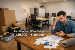 “Man sitting at a desk calculating expenses in a newly set up office with boxes and tools around, highlighting furniture and office setup cost ₹20,000 to ₹1,00,000+.