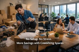 Split image showing stressed man setting up a traditional office with cables and bills on one side, and a modern coworking space with professionals working comfortably on the other, highlighting no setup and cost savings.