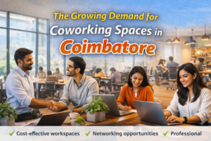 Professionals working in a modern coworking space in Coimbatore with collaborative environment highlighting the growing demand for flexible workspaces